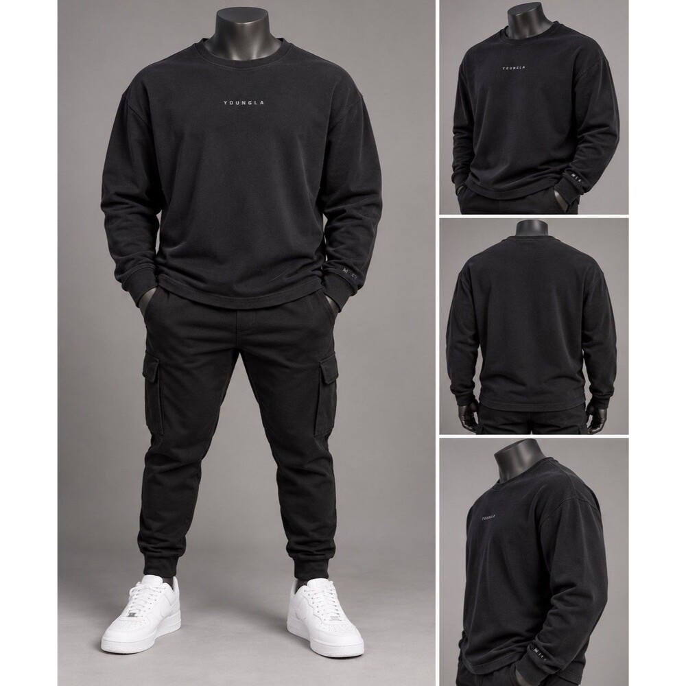 YoungLA Men’s XXL Black Crewneck Sweatshirt Long Sleeve Stretch Model M450